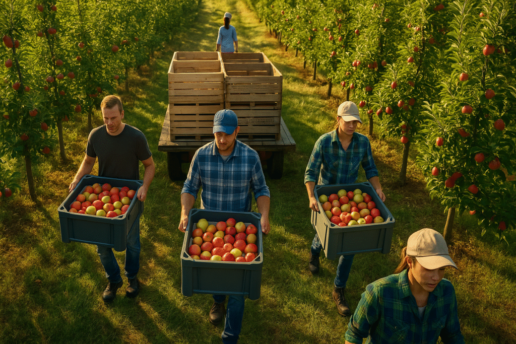 Sadownicy używają ergonomicznych koszy z pianką do zbioru jabłek