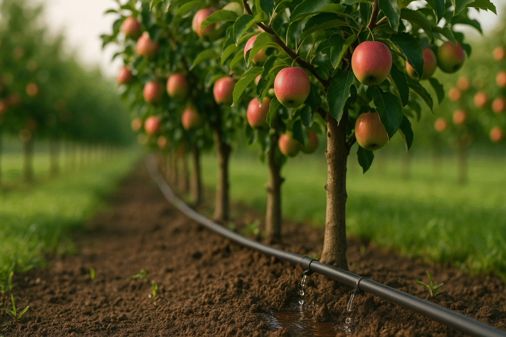 Linia kroplująca podlewa jabłonie w sadzie – oszczędne nawadnianie kropelkowe
