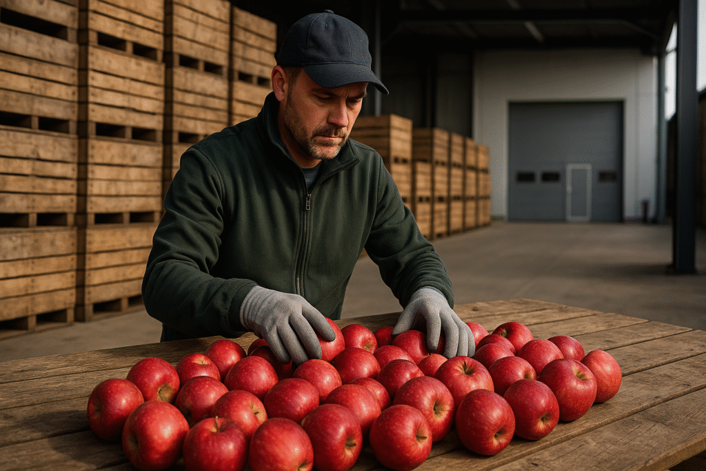 Sadownik sortujący jabłka przed sprzedażą w skupie