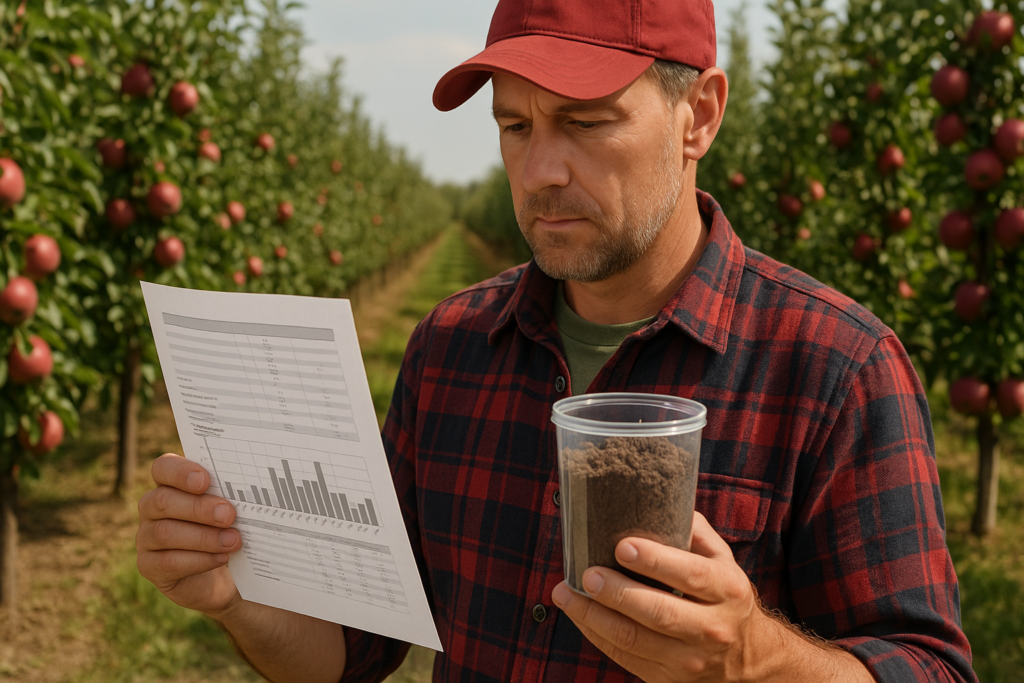 Sadownik w Grójcu prezentuje wyniki analizy gleby w sadzie jabłoniowym