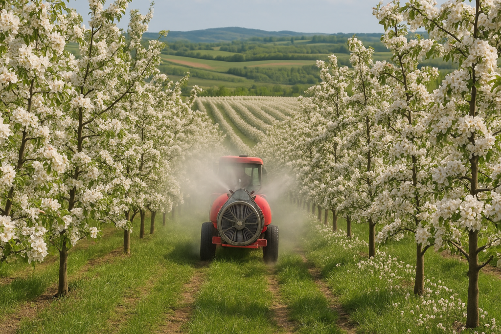 Oprysk sadów jabłoniowych w czasie kwitnienia w rejonie Grójca